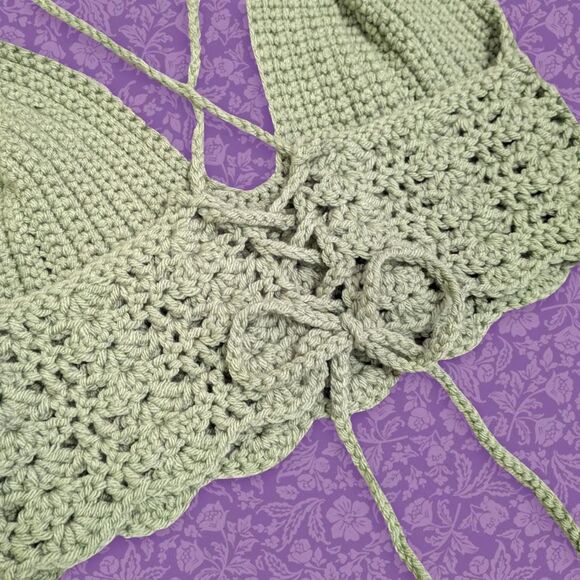 Handmade Sage Green Crochet Shell Stitch Halter Top w/ Lace Up Back | Size S - Picture 6 of 7